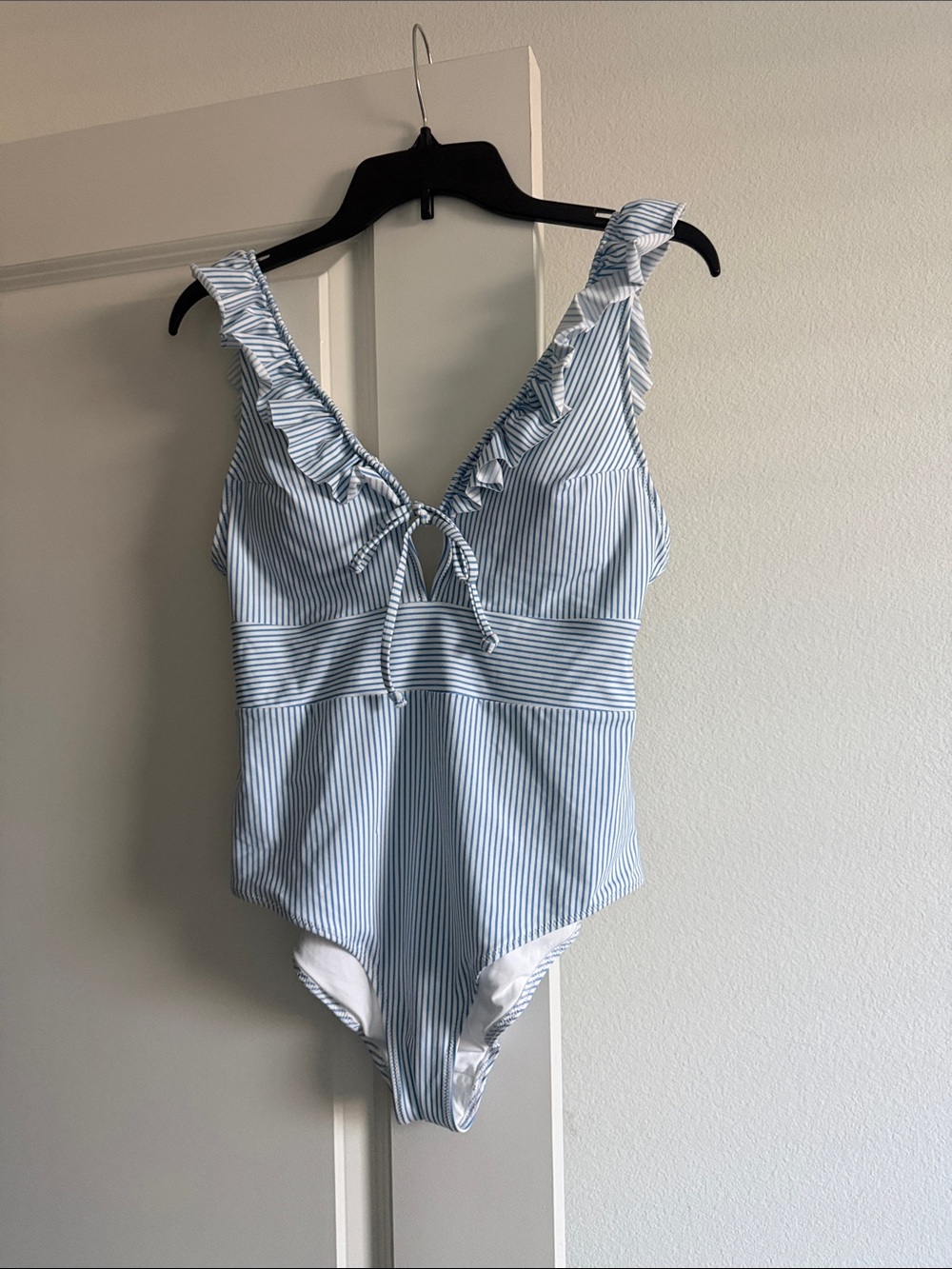 Ruffled V-Neck Blue Stripe One-Piece Swimsuit for Women